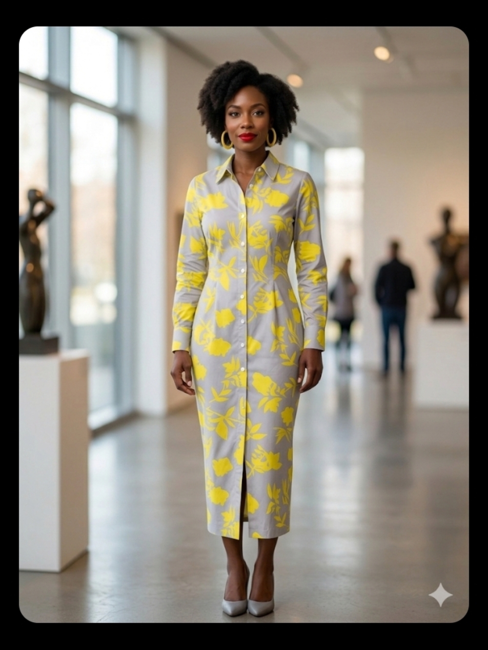 Elegant Gray Midi Shirt Dress with Yellow Floral Print 20 inch p2p 43 inch long